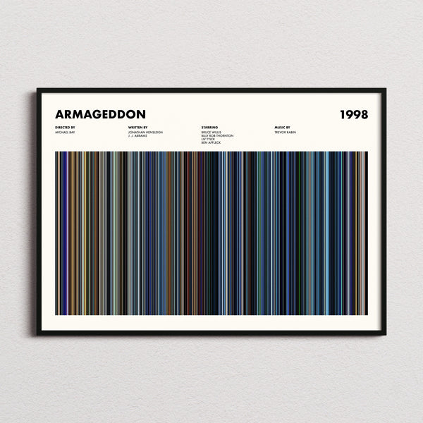 Armageddon Movie Barcode Poster framed and photographed straight on