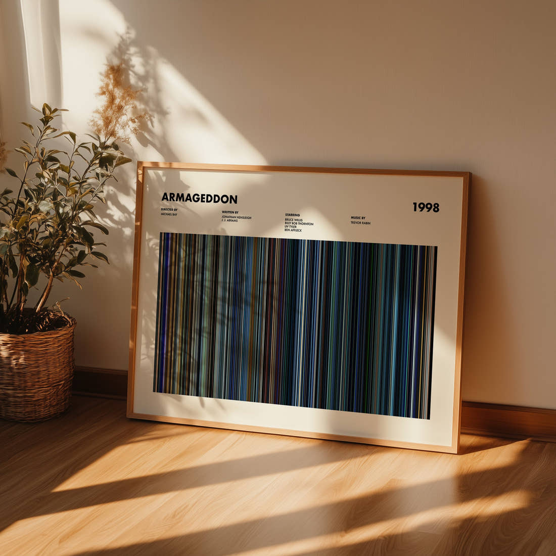 Armageddon Movie Barcode Poster framed and leaning against a wall on a wooden floor