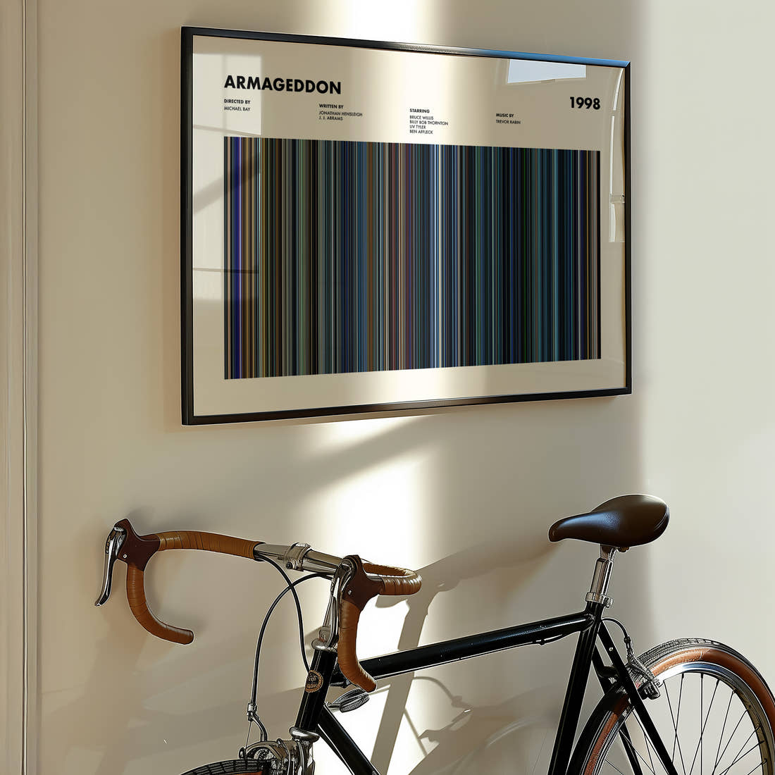 Armageddon Movie Barcode Poster framed on the wall of a styled room setting