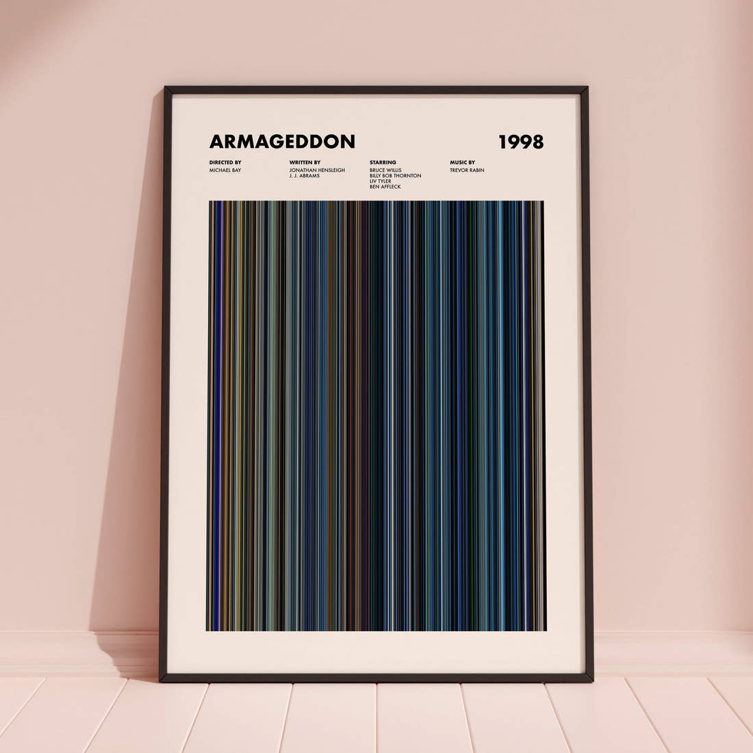 Armageddon Movie Barcode Poster framed and leaning against a coloured wall