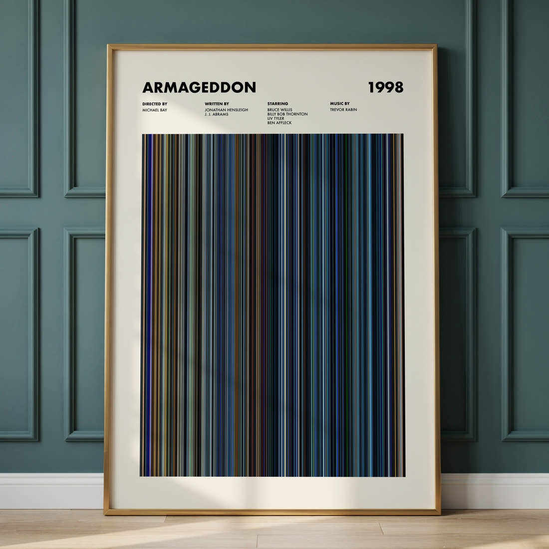 Armageddon Movie Barcode Poster framed and leaning against a panelled wall