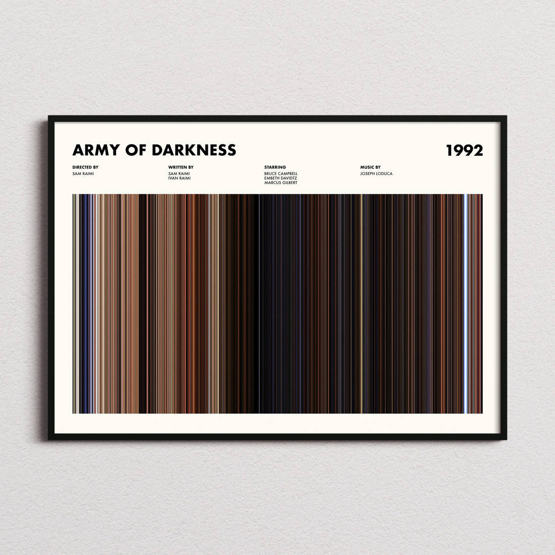 Army of Darkness Movie Barcode Poster framed and photographed straight on