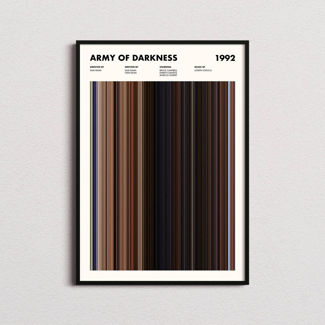 Army of Darkness Movie Barcode Poster framed on a plain studio wall