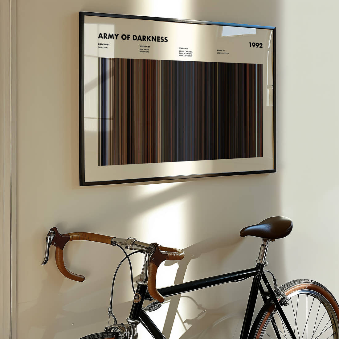 Army of Darkness Movie Barcode Poster framed on the wall of a styled room setting