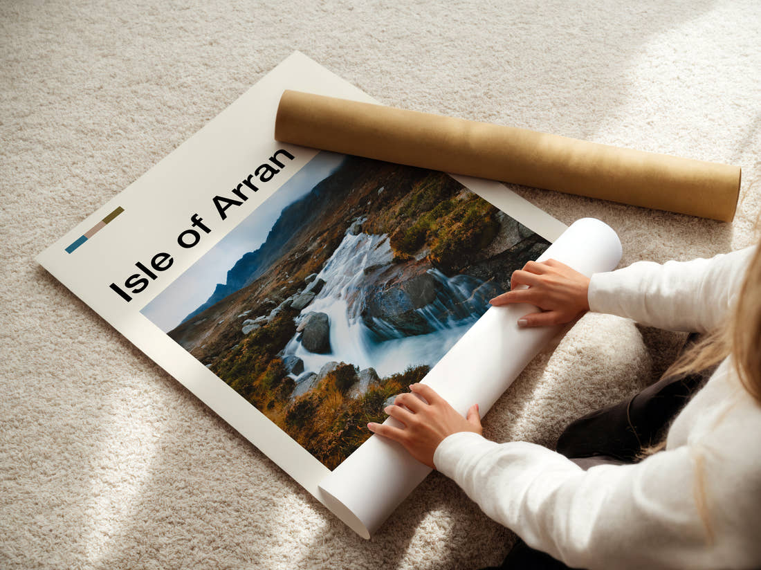 Arran Travel Print being unrolled from its postal tube
