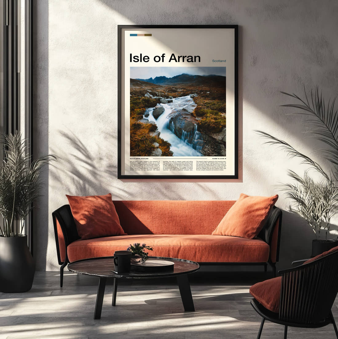 Arran Travel Print framed on the wall of a modern living room