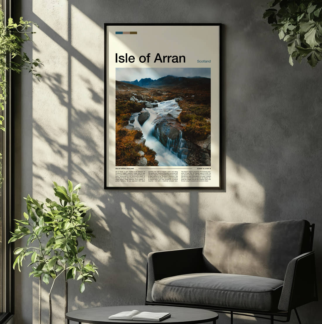 Arran Travel Print framed on the wall of a relaxed living room