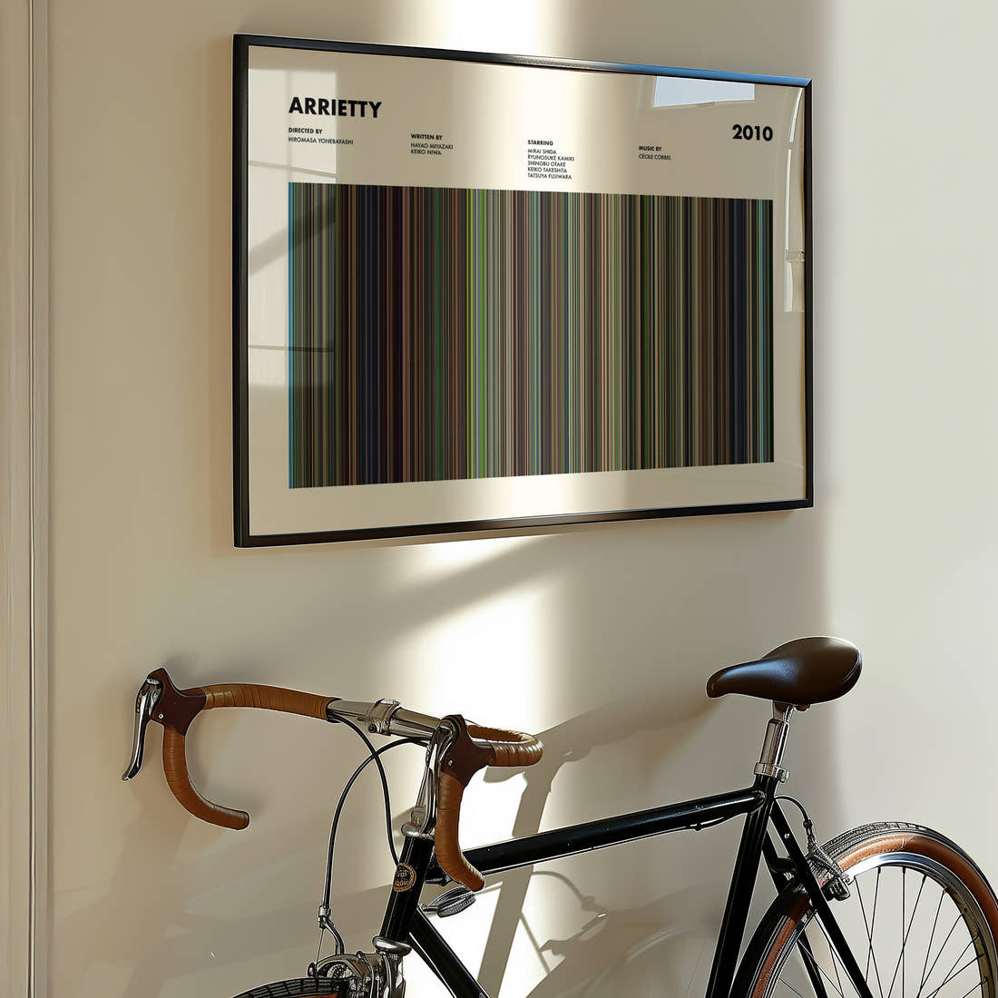 Arrietty Movie Barcode Poster framed on the wall of a styled room setting