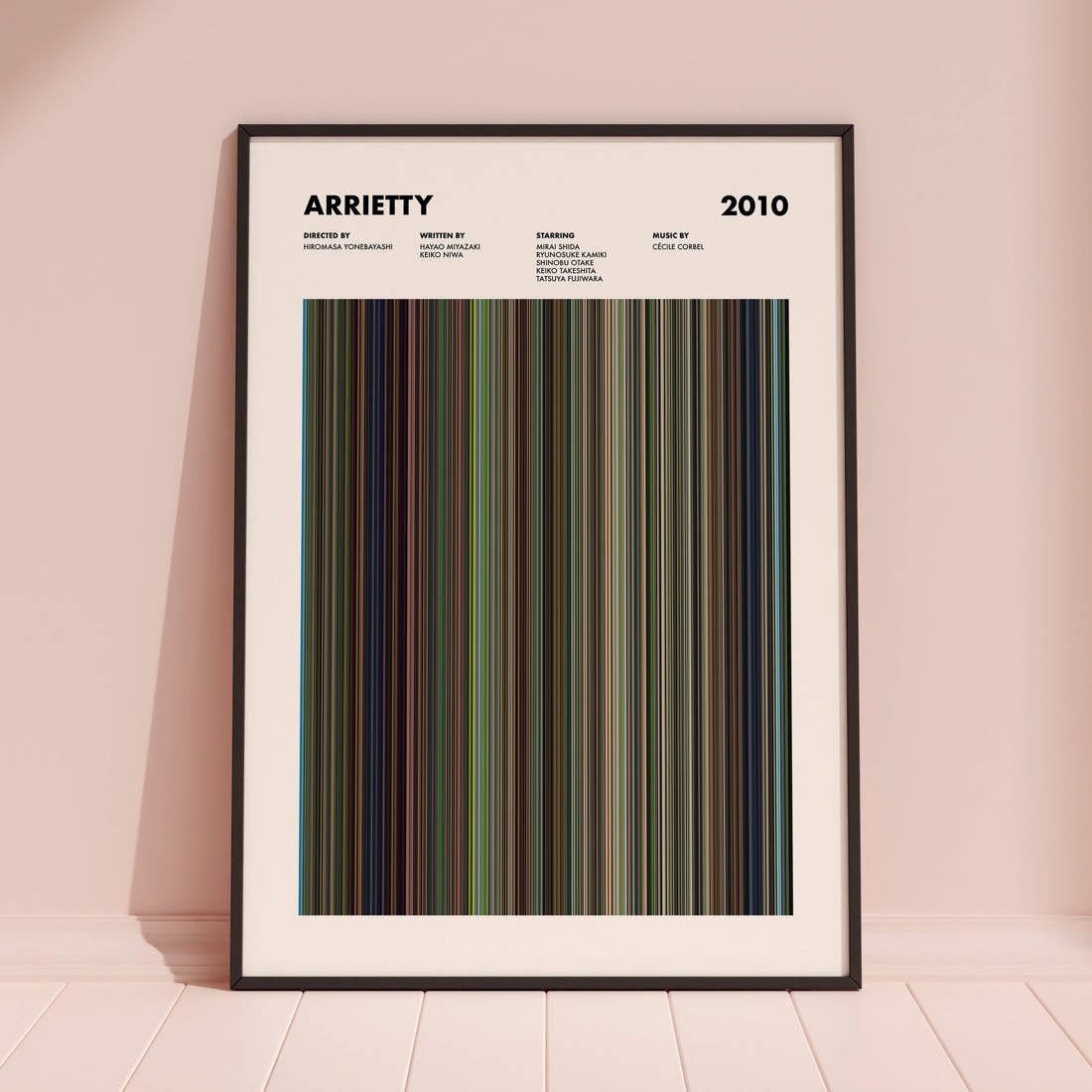 Arrietty Movie Barcode Poster framed and leaning against a coloured wall