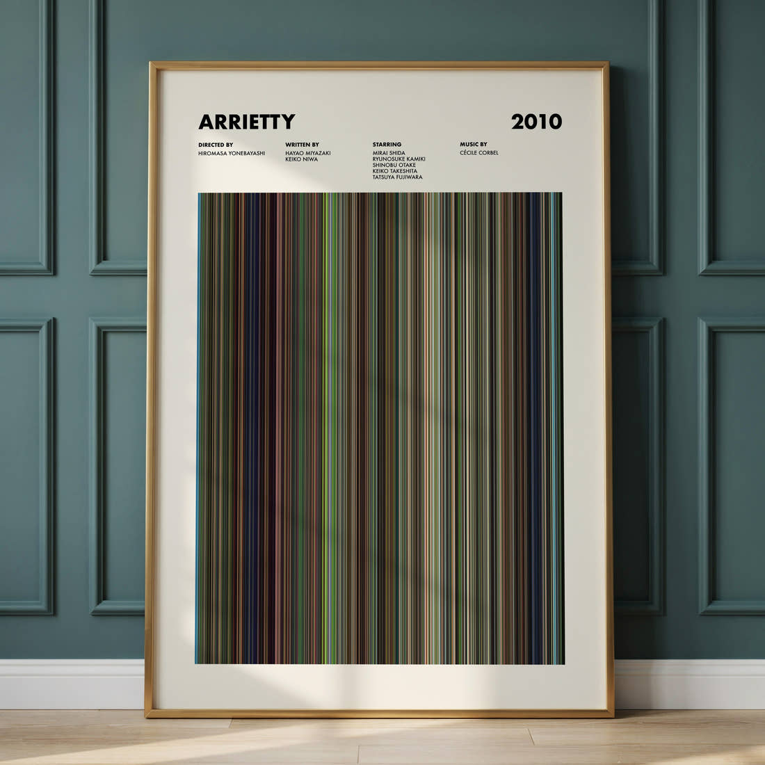 Arrietty Movie Barcode Poster framed and leaning against a panelled wall
