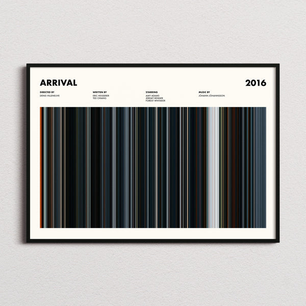 Arrival Movie Barcode Poster framed and photographed straight on