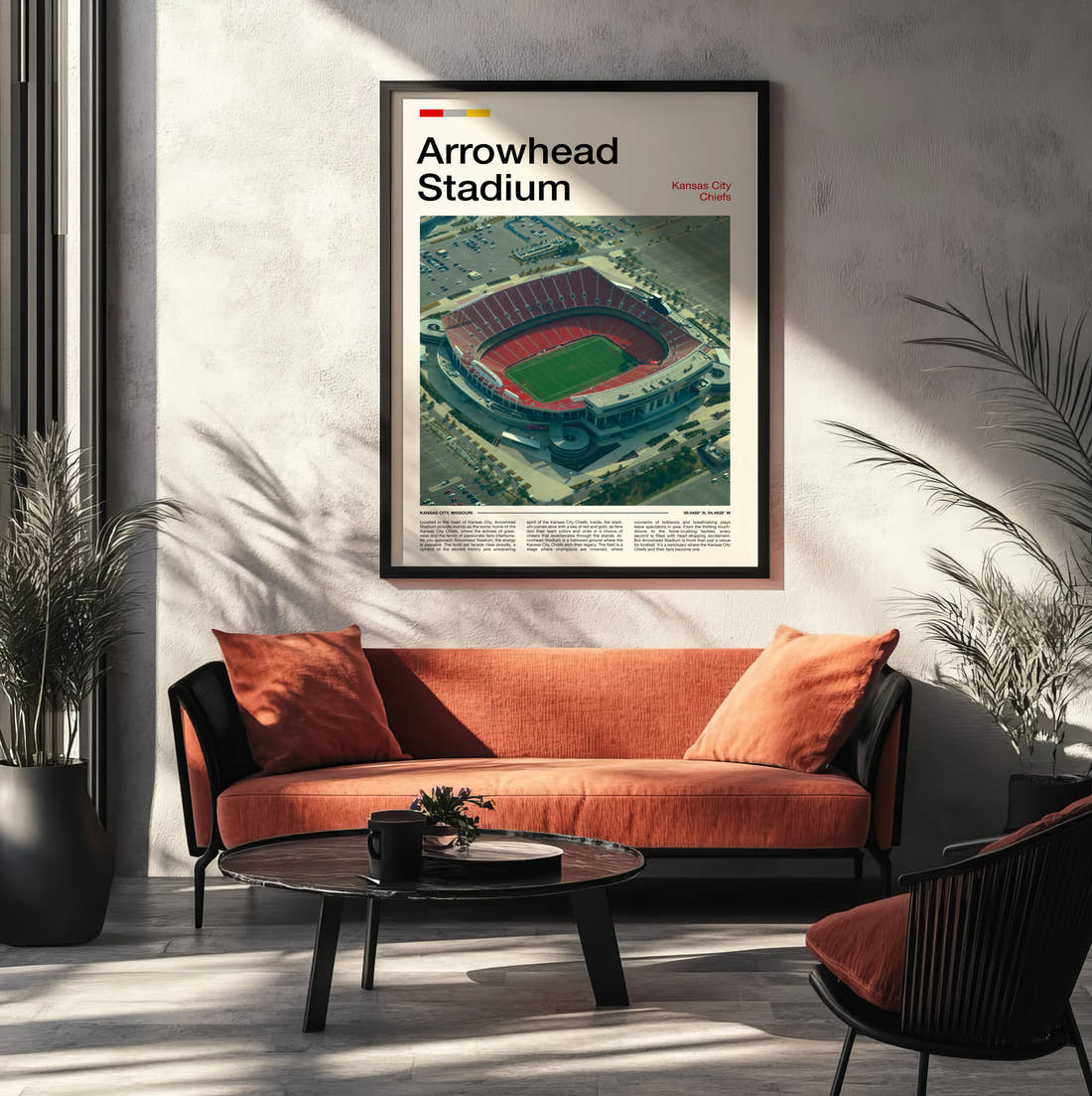 Arrowhead Stadium Print framed on the wall of a modern living room