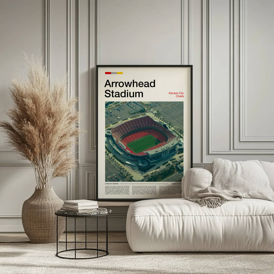 Arrowhead Stadium Print framed on the wall of a calm, neutral bedroom