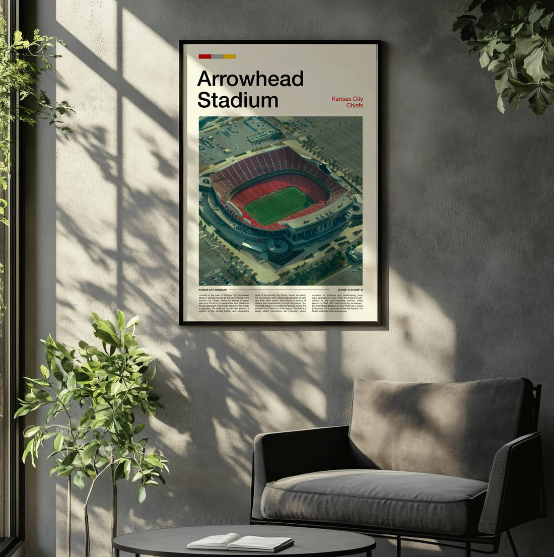 Arrowhead Stadium Print framed on the wall of a relaxed living room