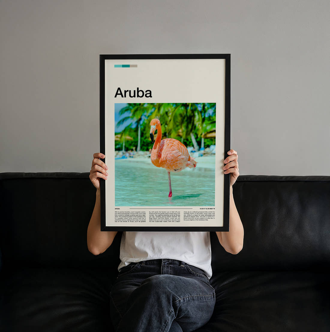 Aruba Flamingo Travel Print held up by hand to show the size of the print