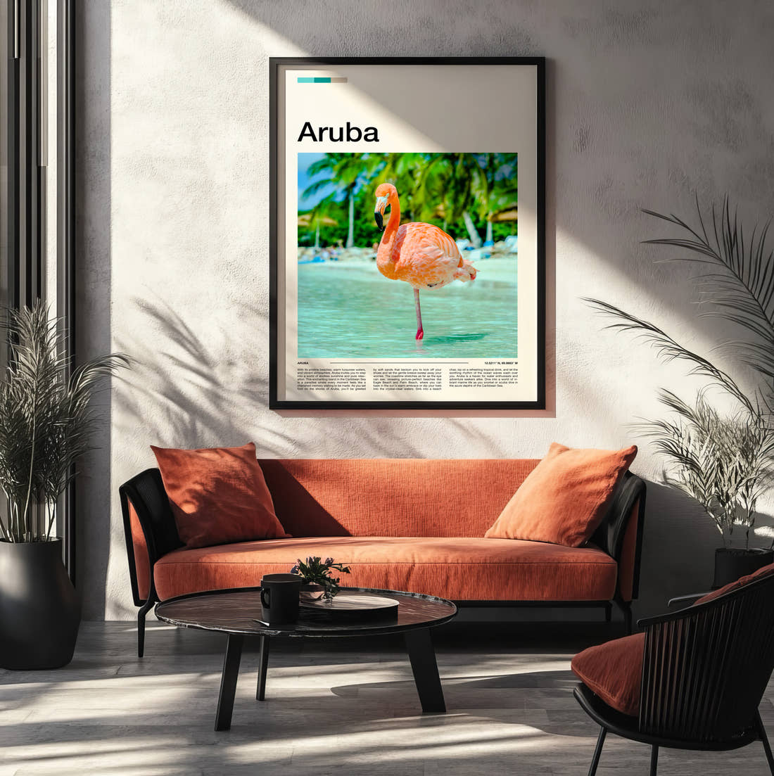 Aruba Flamingo Travel Print framed on the wall of a modern living room