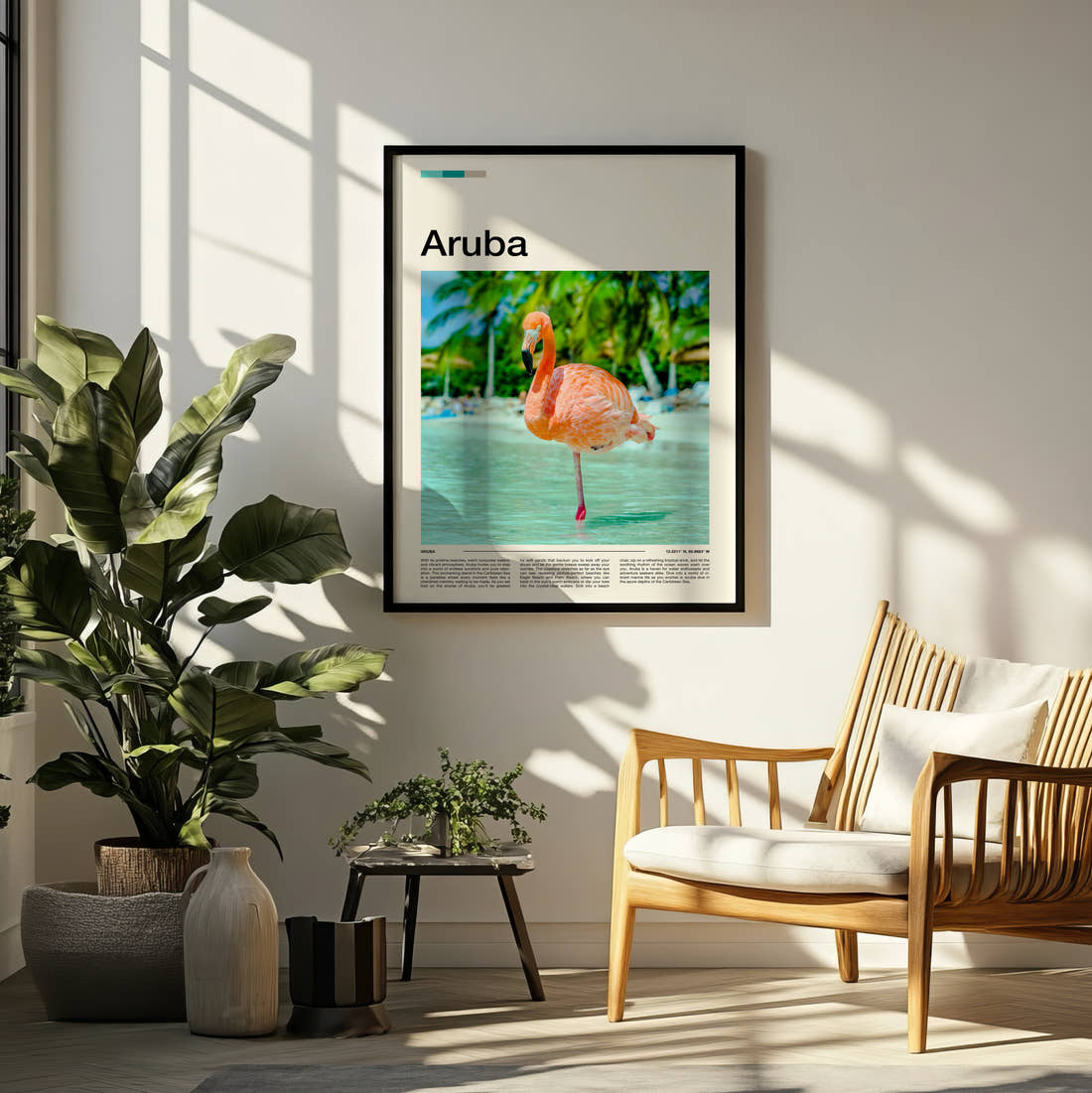 Aruba Flamingo Travel Print framed on a pale wall beside houseplants