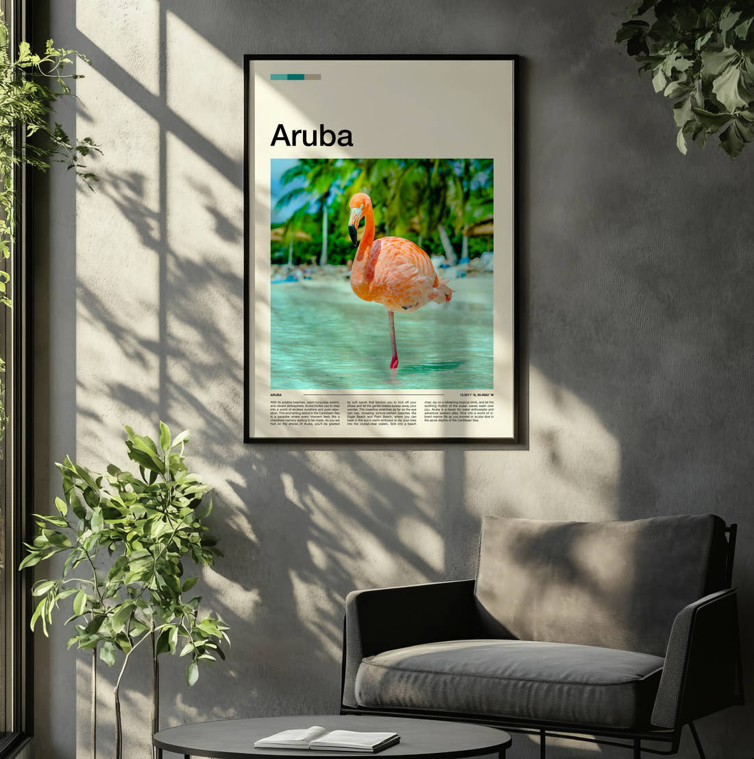 Aruba Flamingo Travel Print framed on the wall of a relaxed living room