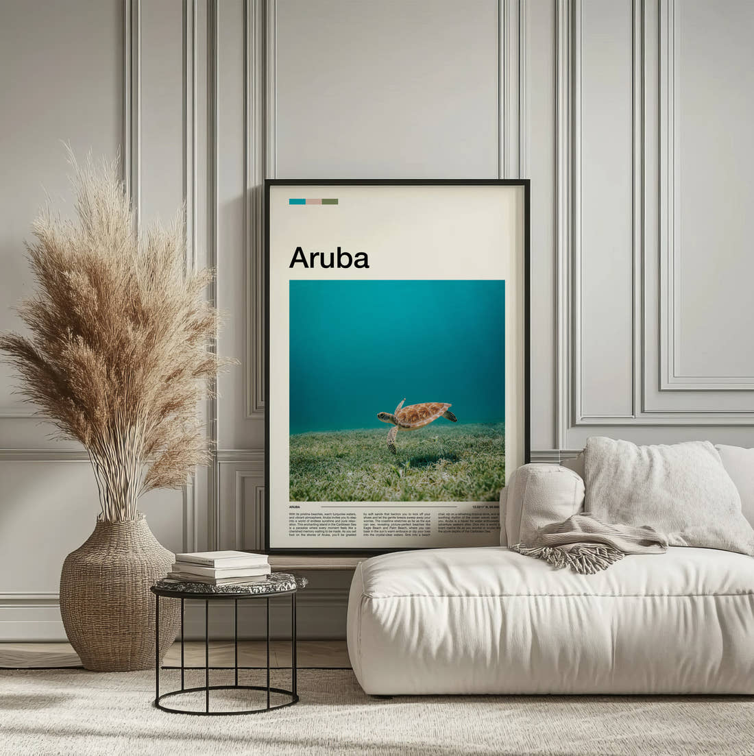 Aruba Sea Turtle Travel Print framed on the wall of a calm, neutral bedroom