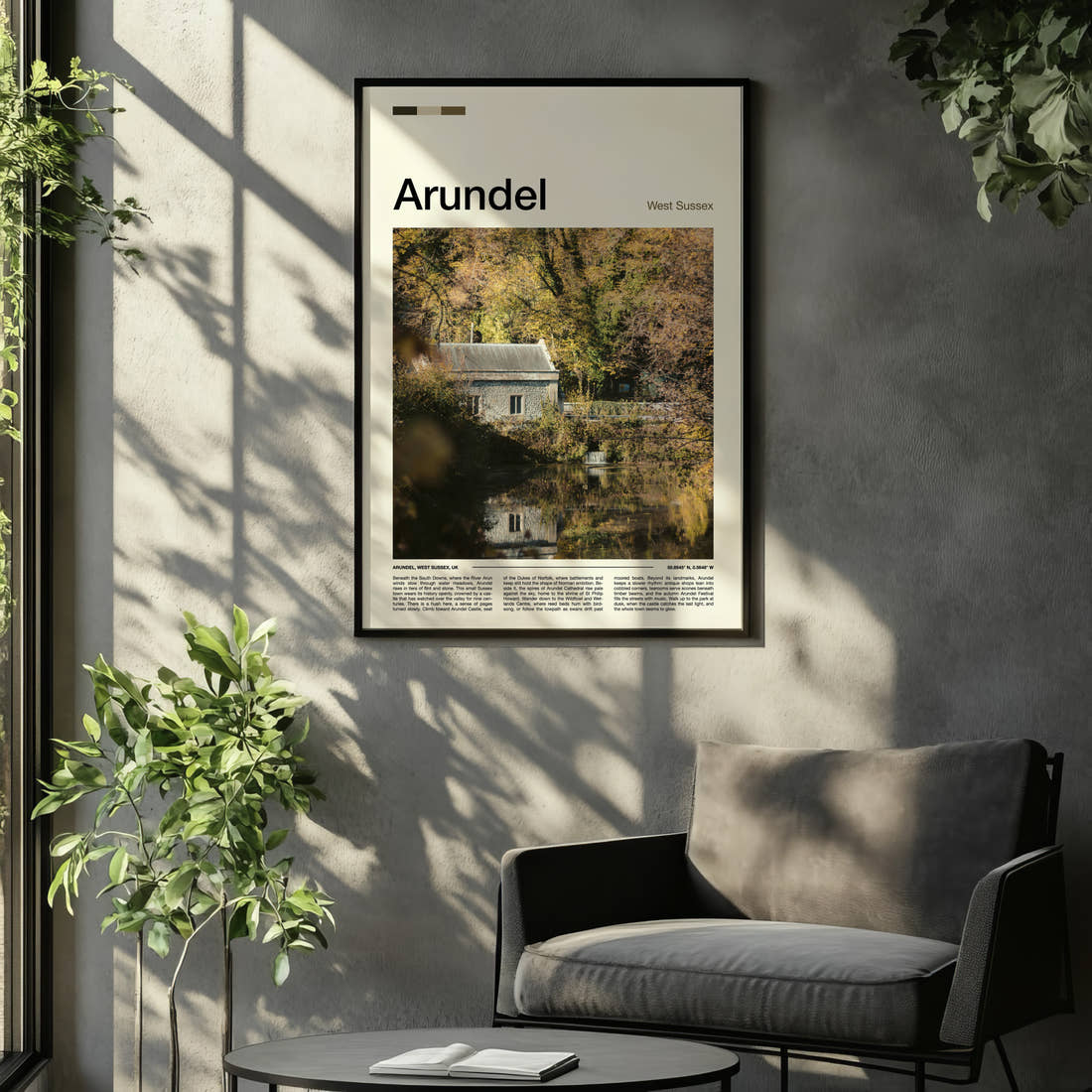 Arundel Riverside Mill Cottage Travel Print framed on the wall of a relaxed living room