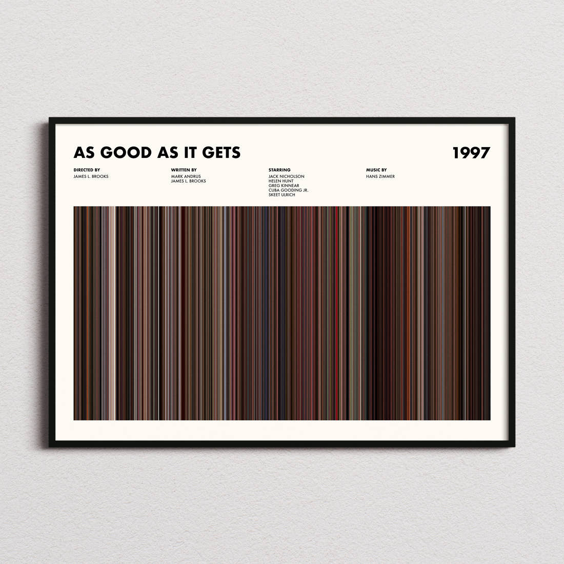As Good As It Gets Movie Barcode Poster framed and photographed straight on
