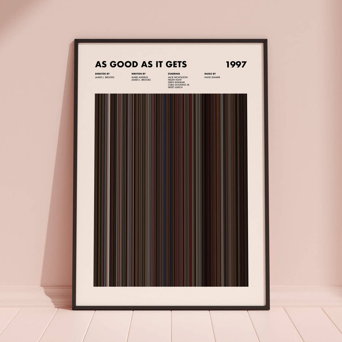 As Good As It Gets Movie Barcode Poster framed and leaning against a coloured wall