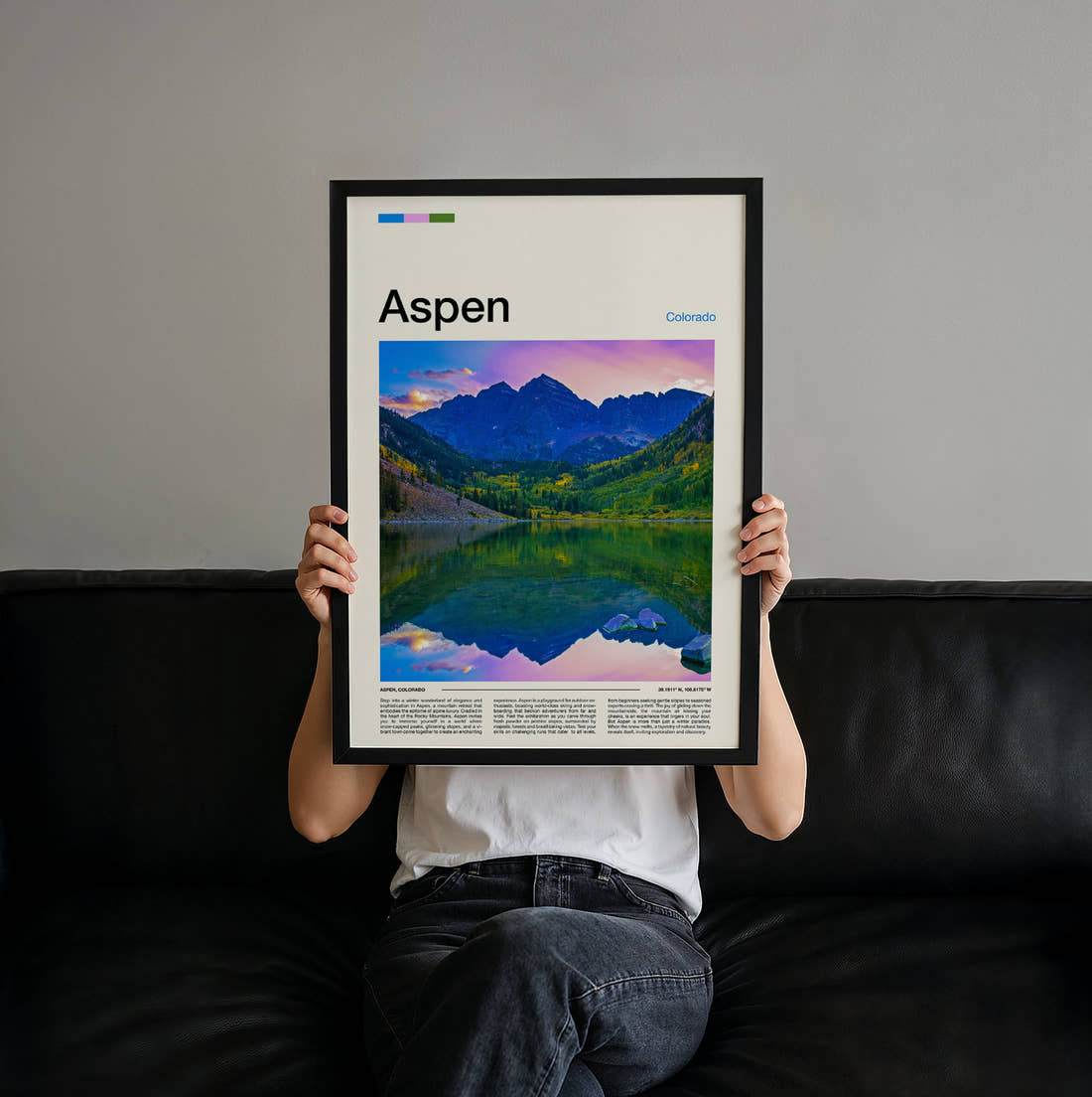 Aspen Maroon Bells Travel Print held up by hand to show the size of the print