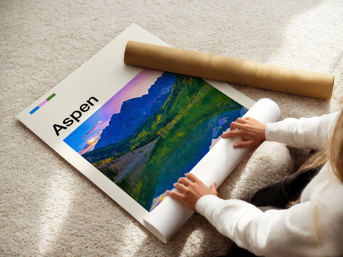 Aspen Maroon Bells Travel Print being unrolled from its postal tube