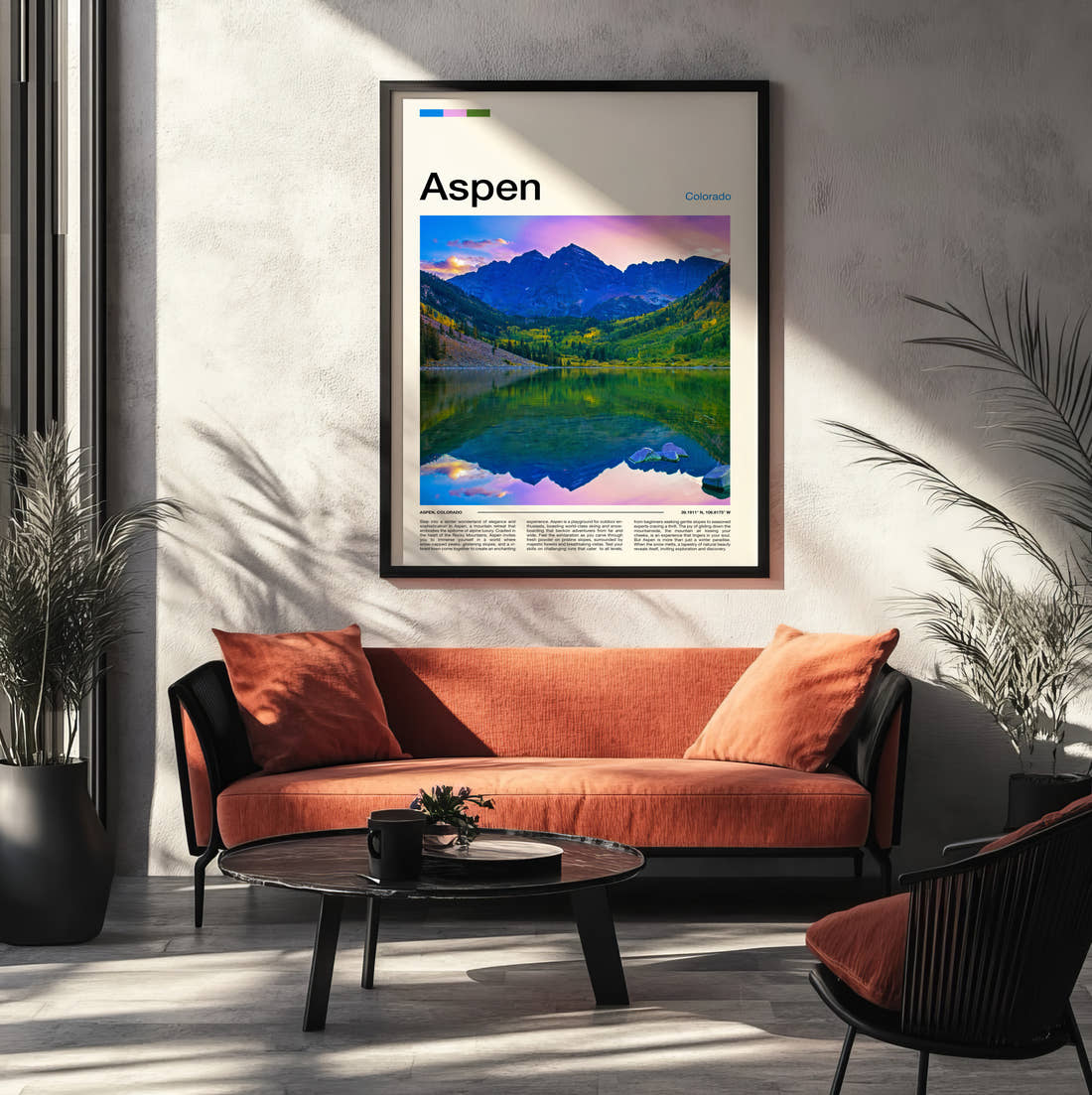 Aspen Maroon Bells Travel Print framed on the wall of a modern living room