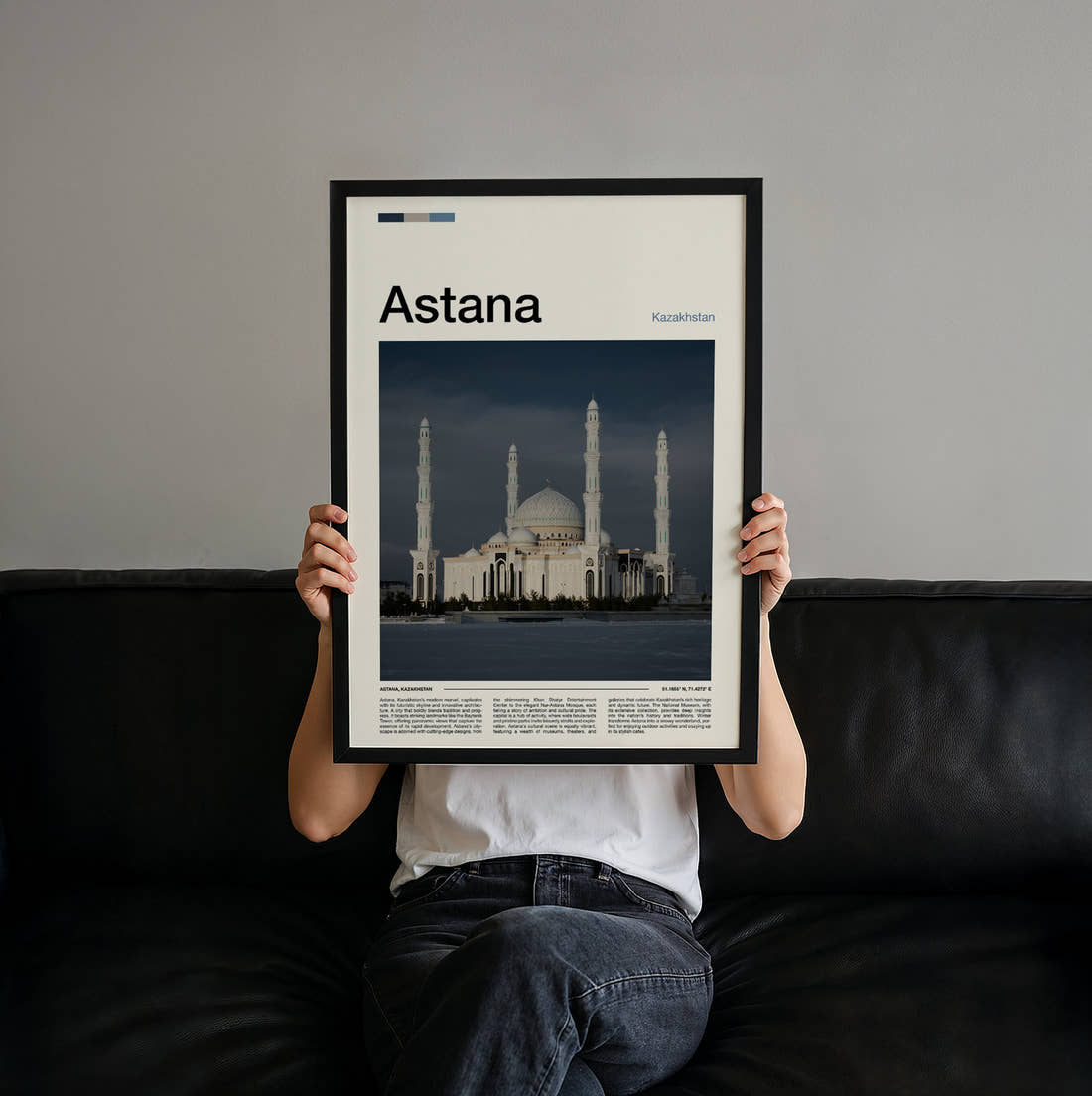 Astana Hazrat Sultan Mosque Travel Print held up by hand to show the size of the print