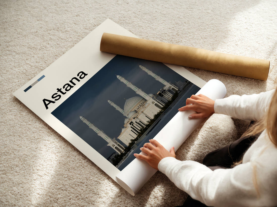 Astana Hazrat Sultan Mosque Travel Print being unrolled from its postal tube