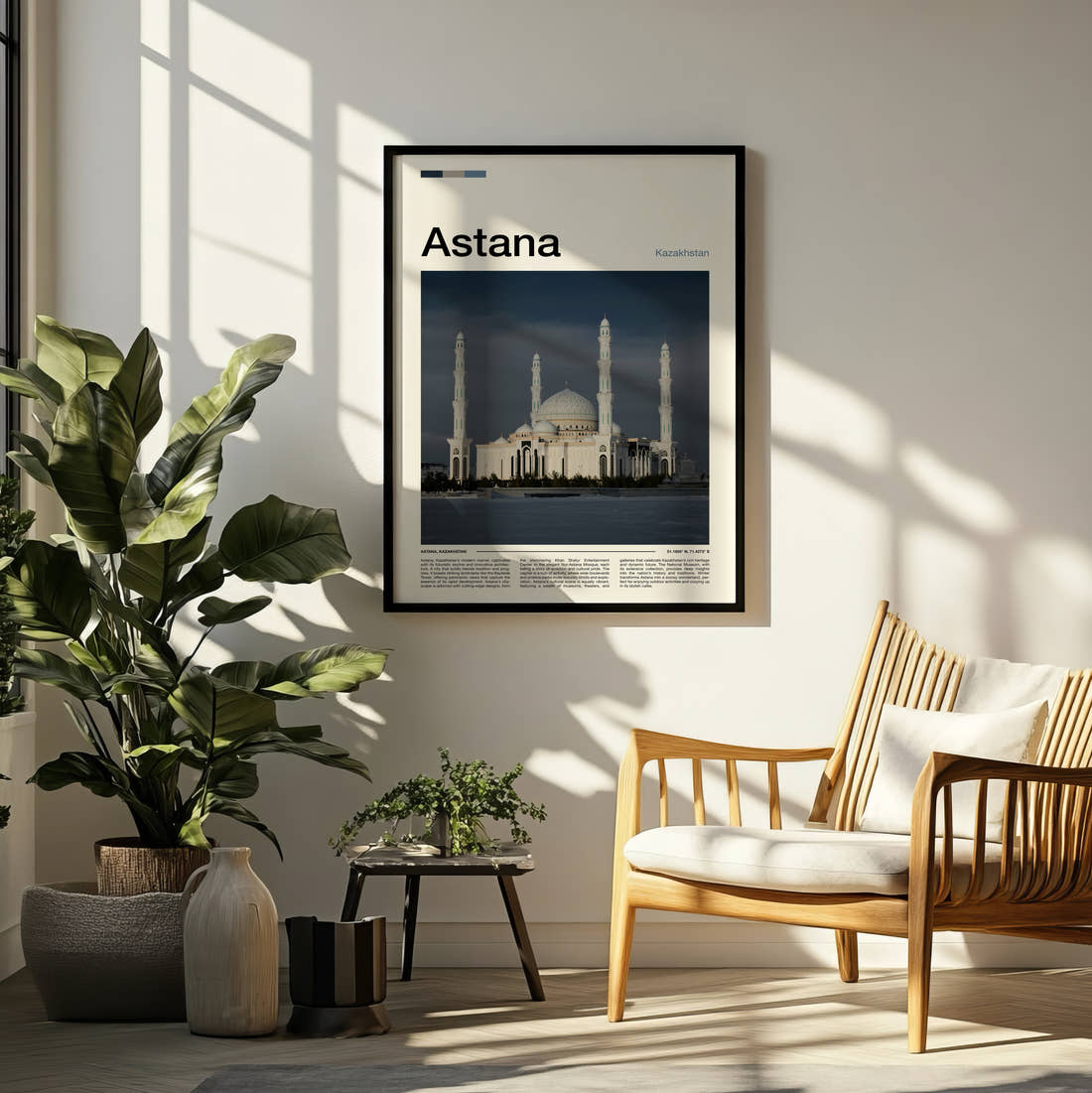 Astana Hazrat Sultan Mosque Travel Print framed on a pale wall beside houseplants