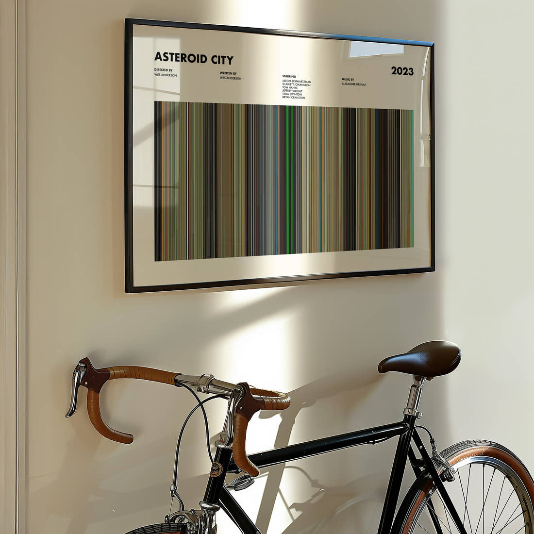 Asteroid City Movie Barcode Poster framed on the wall of a styled room setting