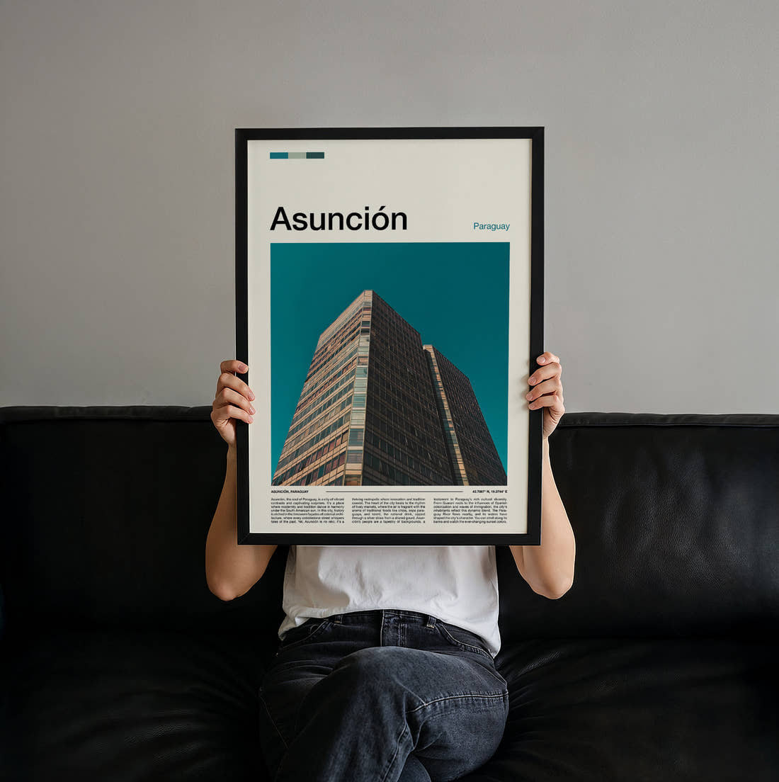 Asuncion Modern Office Tower Travel Print held up by hand to show the size of the print