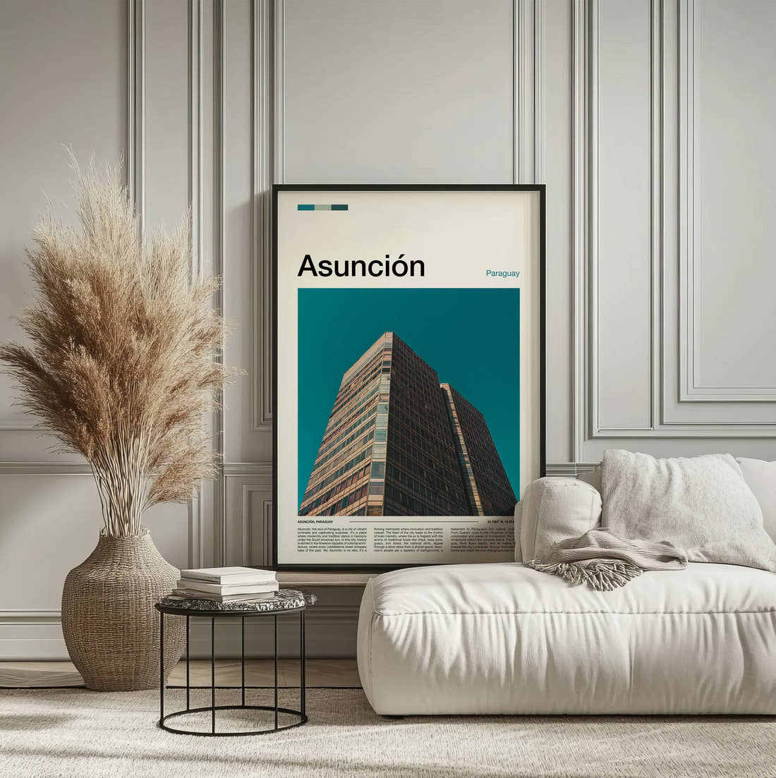 Asuncion Modern Office Tower Travel Print framed on the wall of a calm, neutral bedroom