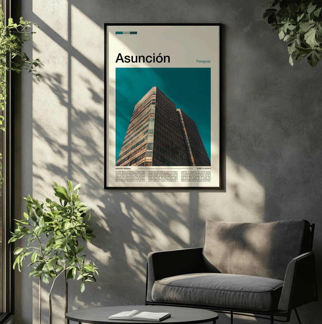 Asuncion Modern Office Tower Travel Print framed on the wall of a relaxed living room
