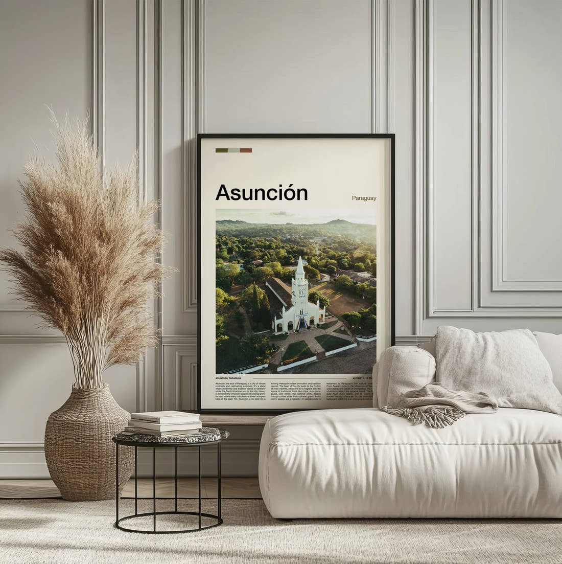 Asuncion White Church From Above Travel Print framed on the wall of a calm, neutral bedroom
