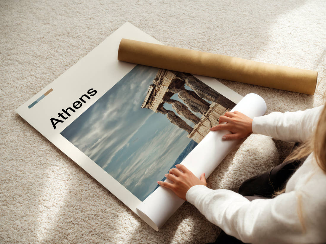 Athens Caryatids Of The Erechtheion Travel Print being unrolled from its postal tube