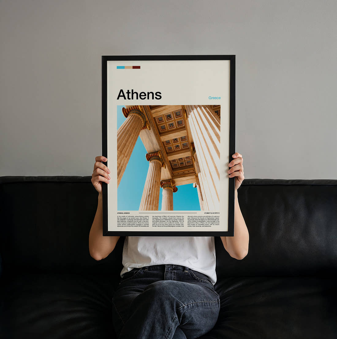 Athens Ionic Columns Travel Print held up by hand to show the size of the print