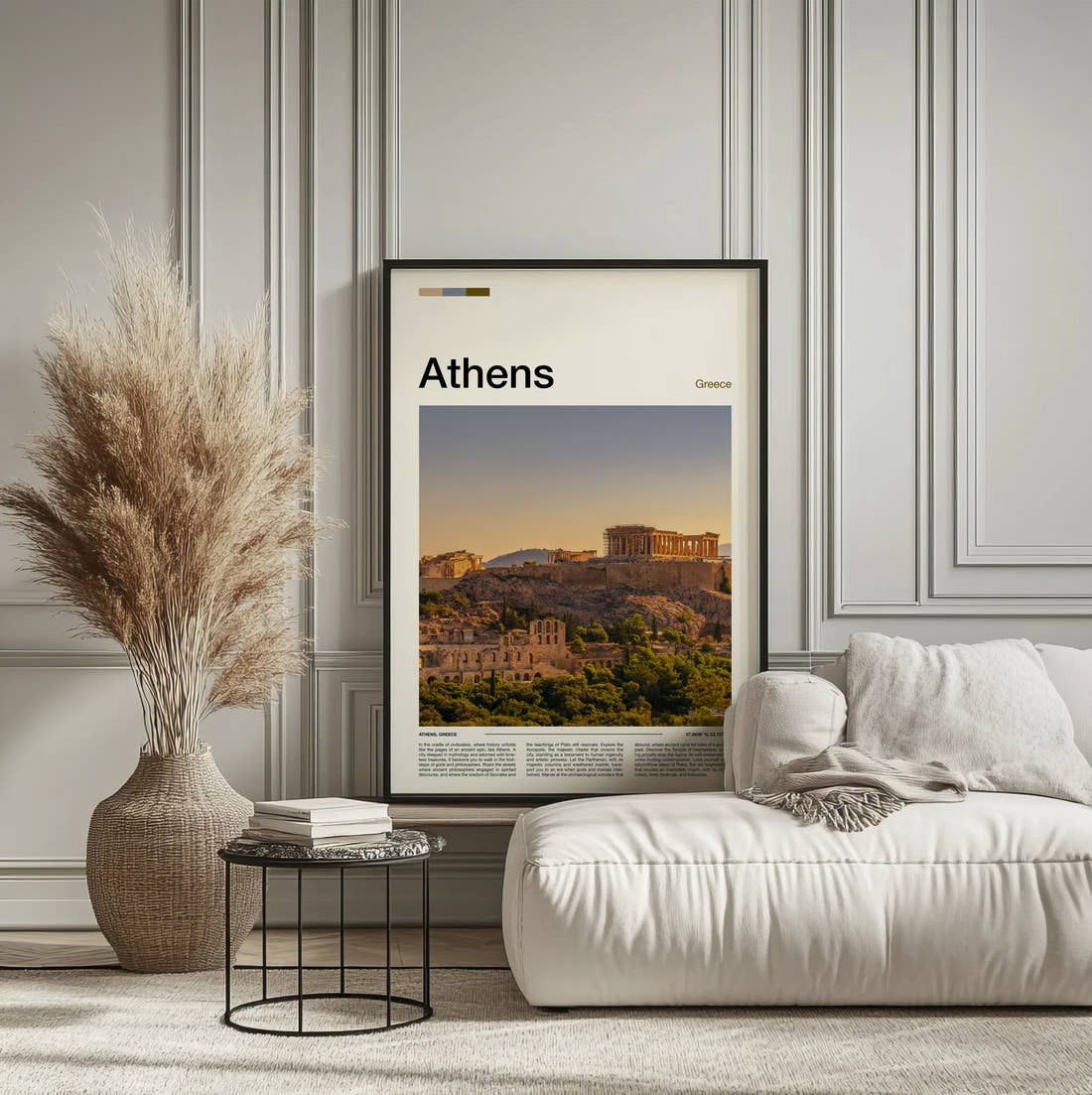 Athens Acropolis Hill Travel Print framed on the wall of a calm, neutral bedroom