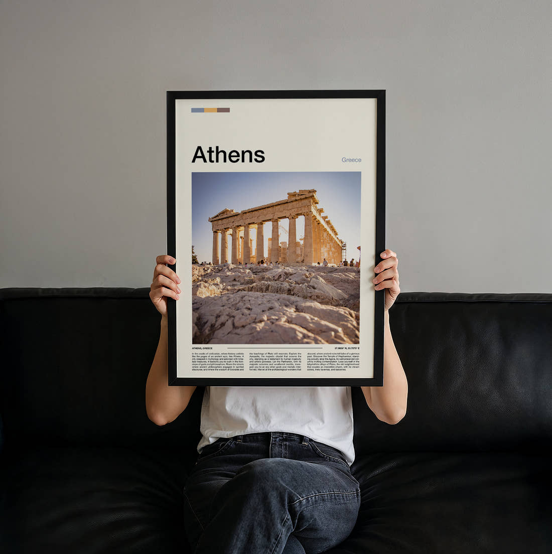 Athens The Parthenon Travel Print held up by hand to show the size of the print