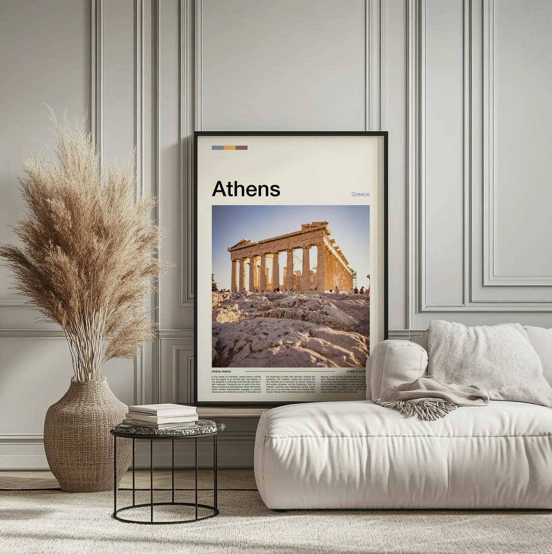 Athens The Parthenon Travel Print framed on the wall of a calm, neutral bedroom