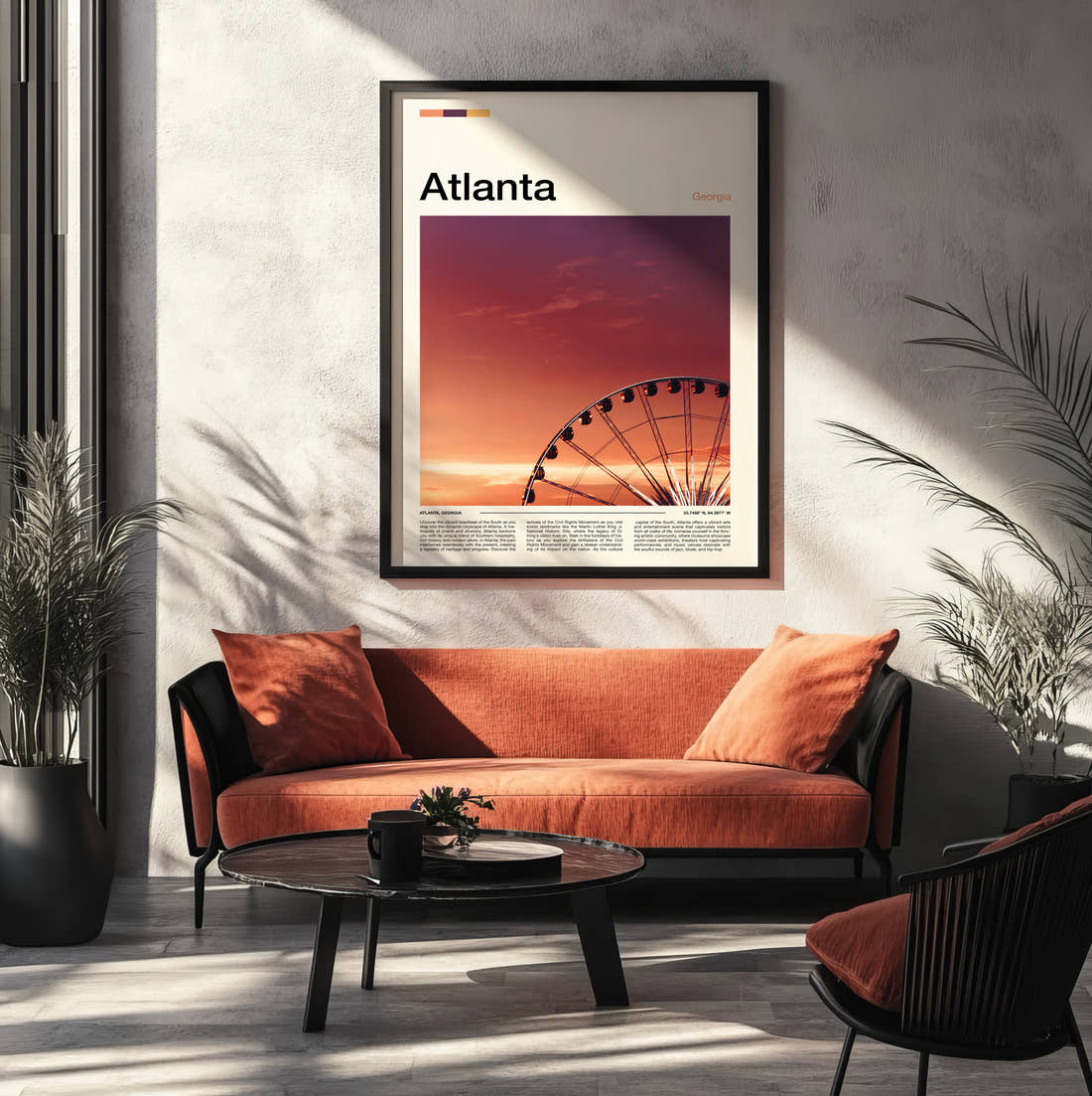 Atlanta Ferris Wheel Travel Print framed on the wall of a modern living room