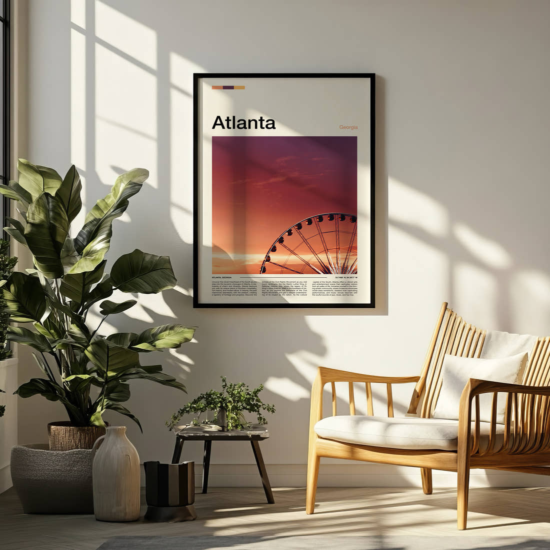 Atlanta Ferris Wheel Travel Print framed on a pale wall beside houseplants