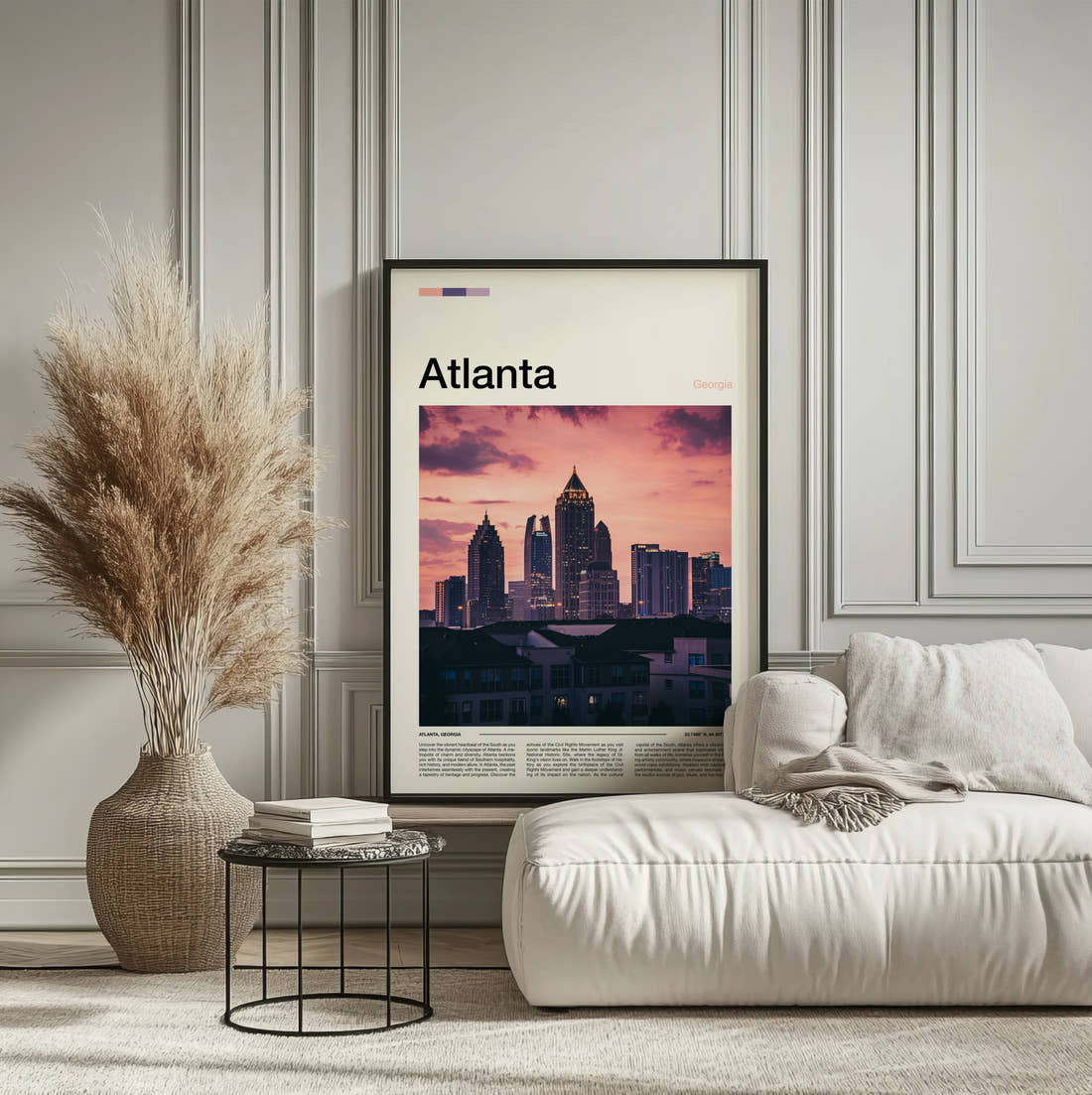 Atlanta Skyline At Dusk Travel Print framed on the wall of a calm, neutral bedroom