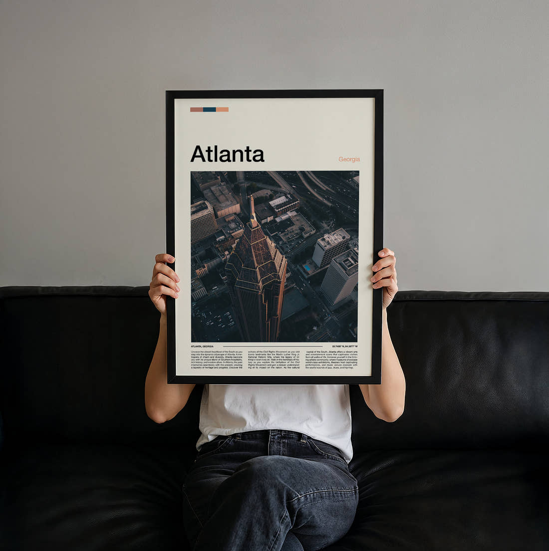 Atlanta Skyscraper From Above Travel Print held up by hand to show the size of the print