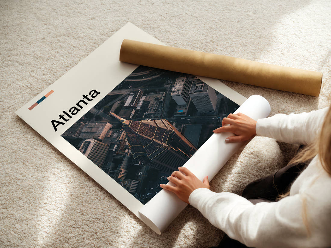 Atlanta Skyscraper From Above Travel Print being unrolled from its postal tube
