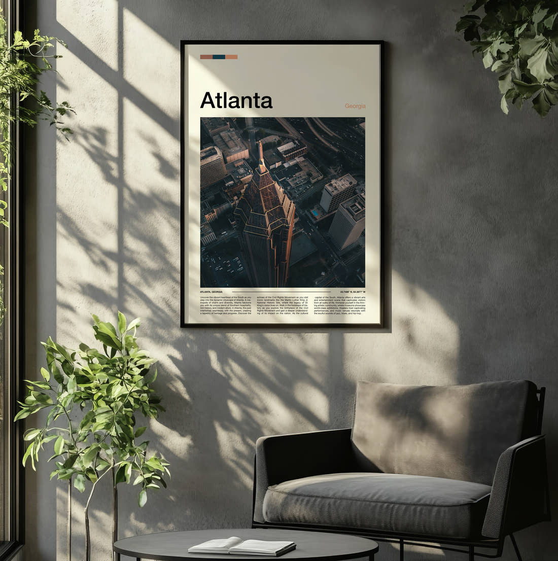 Atlanta Skyscraper From Above Travel Print framed on the wall of a relaxed living room