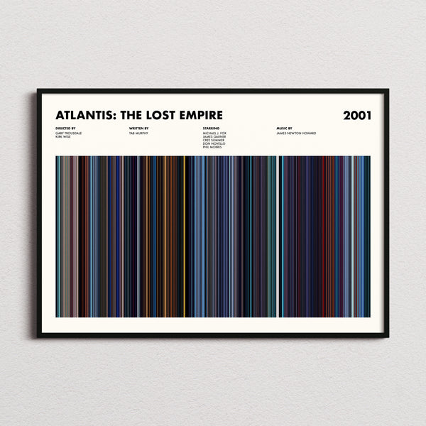 Atlantis: The Lost Empire Movie Barcode Poster framed and photographed straight on