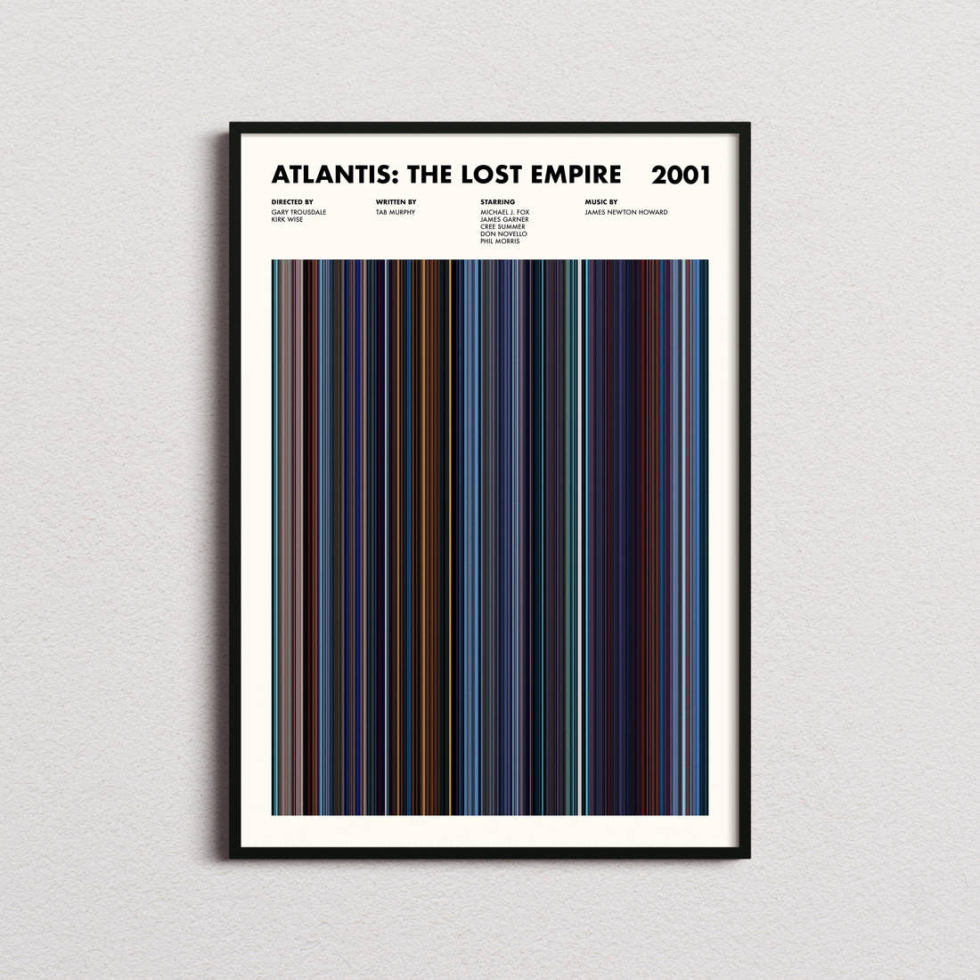 Atlantis: The Lost Empire Movie Barcode Poster framed on a plain studio wall